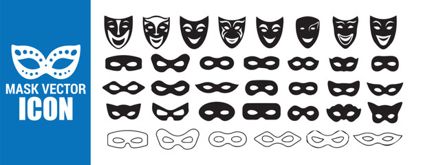 Masquerade Theatre Masks Icons Collection Black Outline Eye Disguise Comedy Tragedy Carnival Vector Set