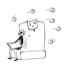 Whimsical Hand-Drawn Illustration of a Person Reading a Book on a Couch, with Doodle Accents – Black and White, Line Art                              