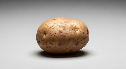 A single russet potato sitting on a gray surface with soft lighting and a subtle shadow underneath it