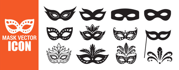 Set of Venetian Mardi Gras masquerade masks vector icons carnival party costume elements black silhouettes