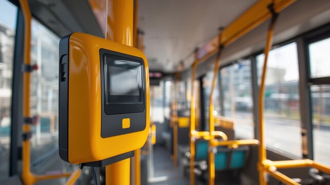 Public bus interior with yellow ticket validator and empty seats during the day