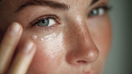 Home close up of a woman concentrating on her skincare routine with serum