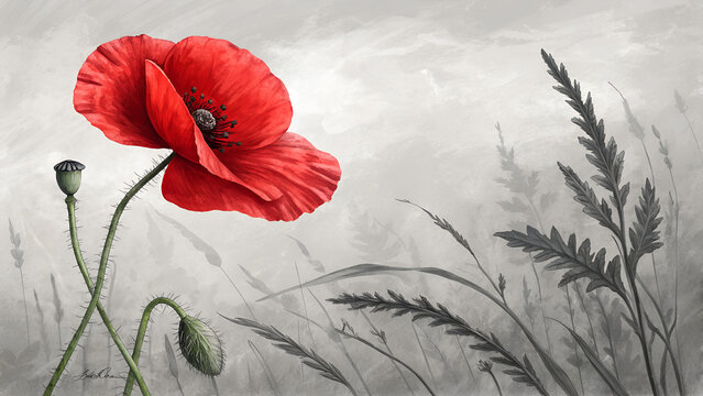 Watercolor Red Poppy flower illustration embodying remembrance and passion with copy space