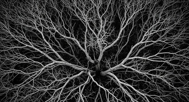 A dramatic top-down view of a bare tree's intricate branches spreading out symmetrically, creating a high-contrast abstract natural pattern in black and white against a dark background