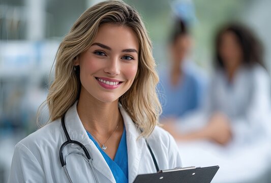 a female doctor wearing a stethoscope is holding a medical file and standing in front of a bed, taking notes