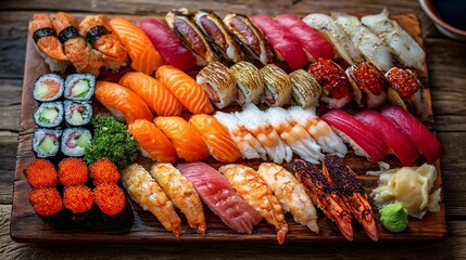 Assorted nigiri and maki sushi platter with colorful fresh seafood and garnishes