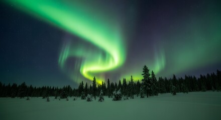 Naklejka premium Vibrant green aurora borealis dancing across a starry night sky