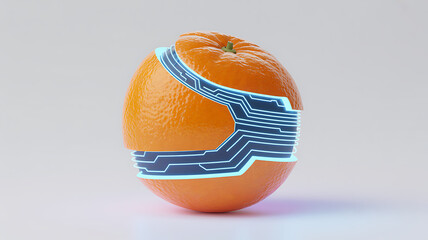 Orange placed on a central microchip surrounded by glowing circuit connections, futuristic fruit technology concept combining agriculture innovation, AI integration, smart food and digital electronics