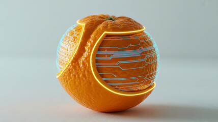 Orange placed on a central microchip surrounded by glowing circuit connections, futuristic fruit technology concept combining agriculture innovation, AI integration, smart food and digital electronics