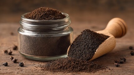 Ground coffee displayed in a glass jar with a wooden scoop, highlighting the rich texture and aroma, ideal for coffee enthusiasts and brewing moments