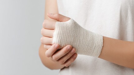 Person showing wrapped hand in white gauze bandage against neutral background. Medical texture reflects injury treatment, protection and healing care