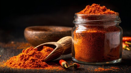 Red chili powder displayed in a glass jar with a wooden scoop, surrounded by scattered spices and dried chili peppers, highlighting culinary creativity and flavor enhancement