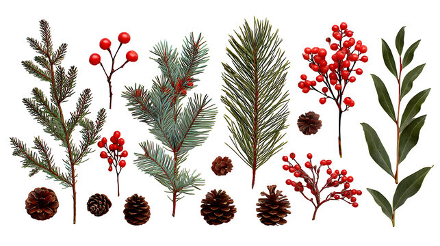 Flat-lay Christmas arrangement with pine branches, red berries, and cones isolated on white background