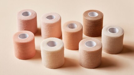 Collection of elastic medical bandage rolls in assorted skin-tone colors. Close-up view of textured materials used for injury support, wound protection and professional first aid kits