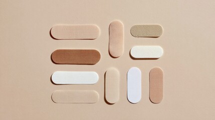 Set of adhesive bandage strips in assorted shapes and neutral tones. Clean layout showing wound care materials used for protection, healing and everyday first aid needs