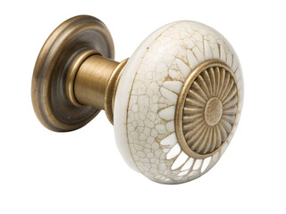 Vintage door knob with white ceramic and brass finish isolated on transparent background