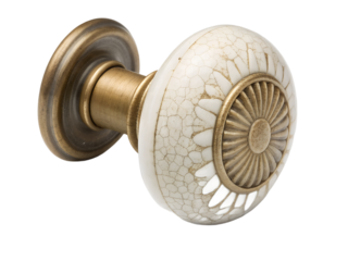 Vintage door knob with white ceramic and brass finish isolated on transparent background