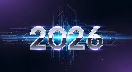 Futuristic 2026 Silver Chrome Text on Blue Digital Background.