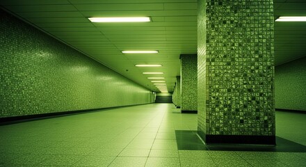 Fototapeta premium A long, empty underground corridor with green tiled walls and fluorescent lighting creates a mysterious and futuristic atmosphere with a strong vanishing point perspective