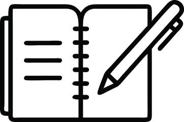 Minimalist Notebook and Pen Line Icon for Notes and Planning; Black and White Illustration Style for Design Resources                                 