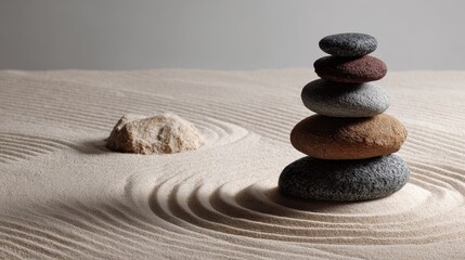 Zen Garden Harmony - Stacked Stones in Raked Sand, Serene Balance.