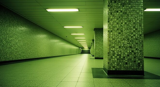 A long, empty underground corridor with green tiled walls and fluorescent lighting creates a mysterious and futuristic atmosphere with a strong vanishing point perspective