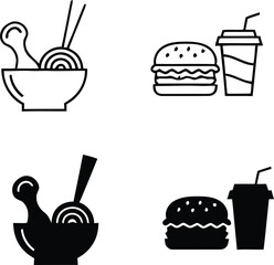 Set of four stylized icons representing fast food and asian cuisine