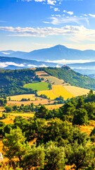 Naklejka premium Lush green and golden fields sprawl across rolling hills beneath a vast blue sky.