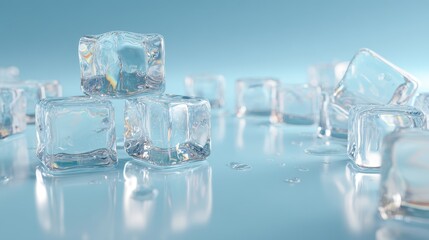Crystalline Ice Cubes Glistening on a Cool, Reflective Blue Gradient Background.