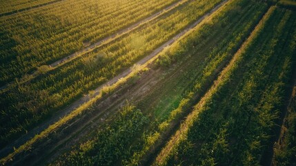 Harvesting season in lush green fields aerial of agriculture vibrant natural landscape serene environment