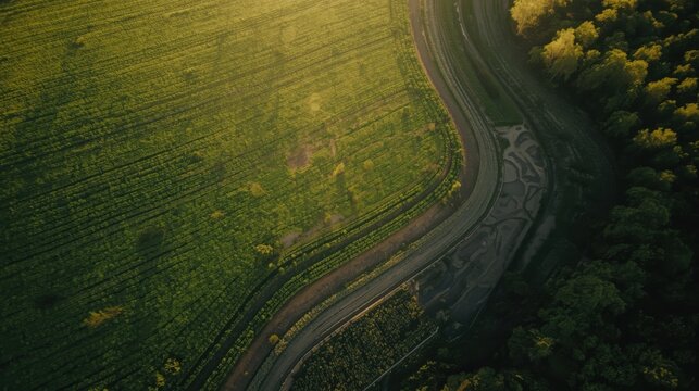 Winding river through lush green fields aerial photography nature landscape serene environment morning light - Powered by Adobe