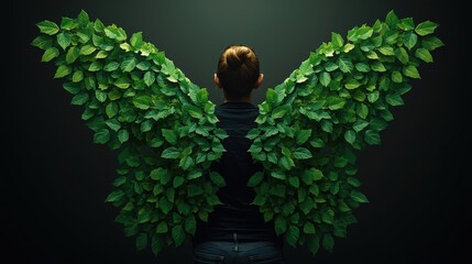 Transformation through nature person with leafy wings in a dark studio conceptual art fantasy environment back