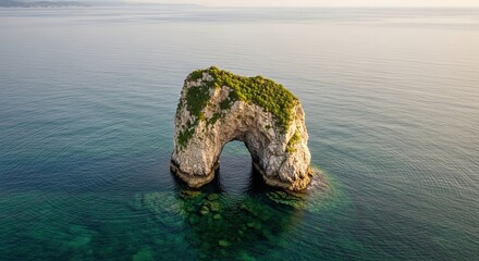 Majestic aerial view of a solitary rock arch with lush greenery on top, standing in the calm, clear turquoise sea during a serene and beautiful sunrise with a distant coastline