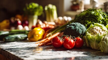 Fresh assorted vegetables on rustic kitchen table with natural lighting