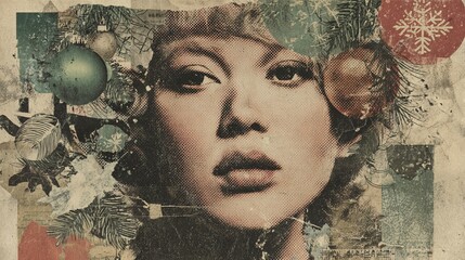 Thoughtful Asian woman is surrounded by colorful holiday decorations, including ornaments and greenery, creating a vibrant and artistic festive atmosphere