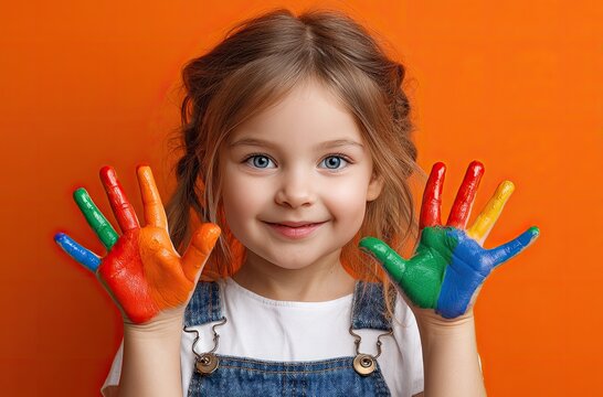 a cute little girl with her hands painted in bright colors stands against an orange background, smiling and showing the paint on her fingers