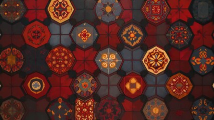 Intricate geometric pattern with hexagonal and octagonal designs in red and orange tones