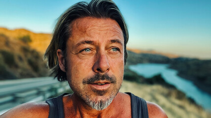 Middle aged tanned man with half long blond hair and grey stubble beard in singlet shirt walking outdoors during golden hour. Hills of Almogia, Malaga, Andalusia, Spain.