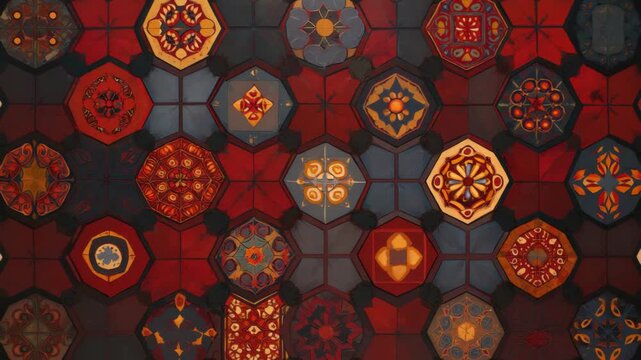 Intricate geometric pattern with hexagonal and octagonal designs in red and orange tones
