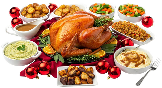 A traditional holiday feast featuring a roasted turkey, mashed potatoes, stuffing, gravy, and various side dishes, all arranged on a festive table with christmas ornaments