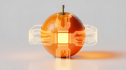 Futuristic oranges infused with microchips and electronic components, tech-inspired fruit concept, innovative sci-fi food technology illustration for digital design and modern AI creativity