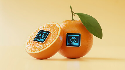Futuristic oranges infused with microchips and electronic components, tech-inspired fruit concept, innovative sci-fi food technology illustration for digital design and modern AI creativity