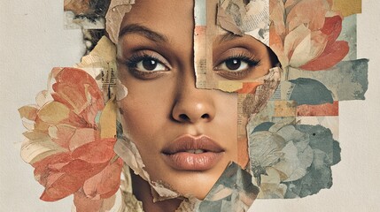 Portrait of a woman with floral collage elements around her face, emphasizing artistic expression and beauty, creating a unique and engaging visual experience
