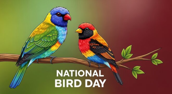 Two colorful birds perched on a branch illustration for National Bird Day vector design for cards and posters