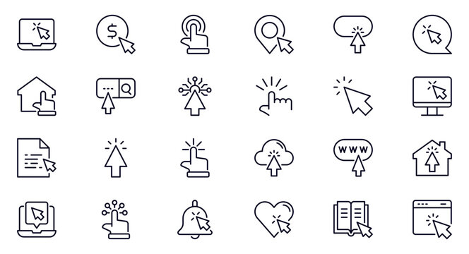 Click outline icon set. Cursor, finger, hand, mouse, pointer and more. Outline vector icon in linear style. Conceptual pictogram collection.