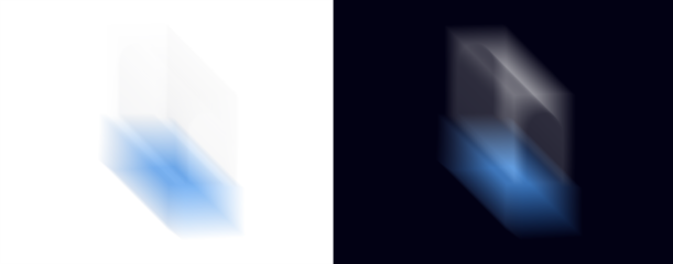 glowing translucent geometric form drifts in soft smoky blur blending cool blue and muted gray light