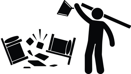 Demolition Pictogram: Stick Figure Destroying Furniture with Sledgehammer in Graphic Black and White Illustration.                                    