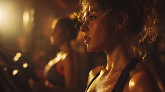 Profile of focused young woman exercising in warm gym lighting