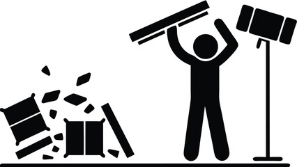 Icon Illustration of a Person Smashing Boxes with a Wooden Plank under a Stage Light                                                                  
