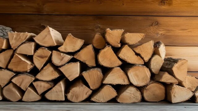 Stacked firewood logs against natural wooden wall background rustic home heating material